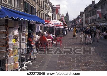 Stock Photography -  outdoor market, Switzerland, La Cote, Vaud, Open air market in the town of Morges.. Fotosearch