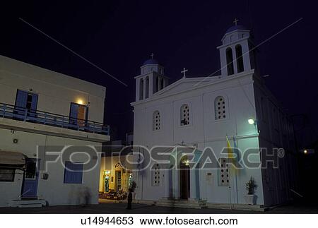 Stock Image -  Paros, church, Greek Islands, Parikia, Cyclades, Greece, Europe, Church in the evening in the town of Parikia on Paros Island.. Fotosearch