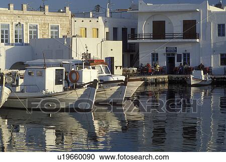 Stock Image -  Paros, Greece, Greek Islands, Naoussa, Cyclades, Europe, Fishing boats docked in Naoussa Harbor on Paros Island on the Aegean Sea.. Fotosearch