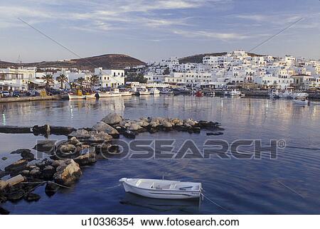 Picture -  Paros, Greek Islands, Naoussa, Cyclades, Greece, Europe, Fishing boats docked in Naoussa Harbor on Paros Island on the Aegean Sea.. Fotosearch