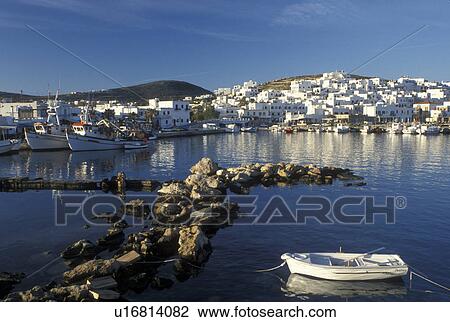 Stock Image -  Paros, Greek Islands, Naoussa, Cyclades, Greece, Europe, Fishing boats docked in Naoussa Harbor on Paros Island on the Aegean Sea.. Fotosearch