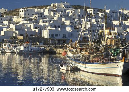 Stock Image -  Paros, Greek Islands, Naoussa, Cyclades, Greece, Europe, Fishing boats docked in Naoussa Harbor on Paros Island on the Aegean Sea.. Fotosearch