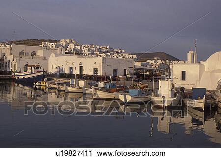 Stock Image -  Paros, Greek Islands, Naoussa, Cyclades, Greece, Europe, Fishing boats docked in Naoussa Harbor on Paros Island on the Aegean Sea.. Fotosearch