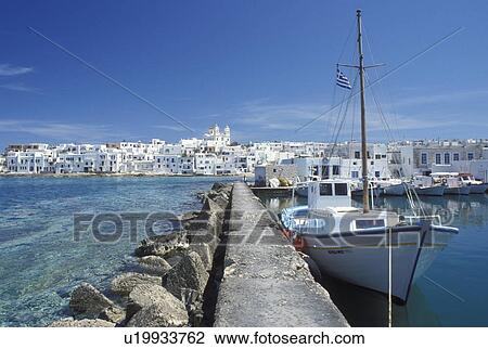 Stock Image -  Paros, Greek Islands, Naoussa, Cyclades, Greece, Europe, Fishing boats in Naoussa Harbor on Paros Island on the Aegean Sea.. Fotosearch