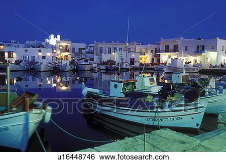 Paros, Greek Islands, Naoussa, Cyclades, Greece, Europe, Fishing boats docked in Naoussa Harbor in the evening on Paros Island on the Aegean Sea. View Large Photo Image Stock Photograph - Paros, Greek Islands, Naoussa, Cyclades, Greece, Europe, Fishing boats docked in Naoussa Harbor in the evening on Paros Island on the Aegean Sea.. Fotosearch