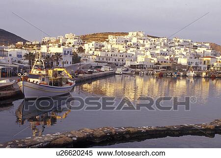Stock Photography -  Paros, Greek Islands, Naoussa, Cyclades, Greece, Europe, Fishing boats docked in Naoussa Harbor on Paros Island on the Aegean Sea.. Fotosearch