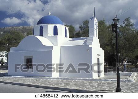 Stock Image -  Paros, Greek Islands, Parikia, Cyclades, Greece, Europe, Small whitewashed chapel with blue dome in the town of Parikia on Paros Island on the Aegean Sea.. Fotosearch