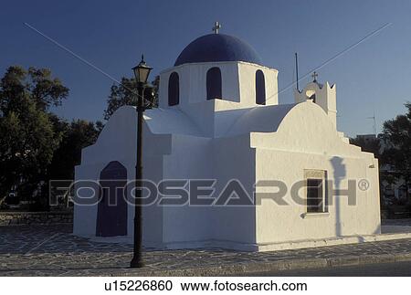 Stock Image -  Paros, Greek Islands, Parikia, Cyclades, Greece, Europe, Small whitewashed chapel with blue dome in the town of Parikia on Paros Island on the Aegean Sea.. Fotosearch