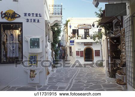 Paros, Greek Islands, Parikia, Cyclades, Greece, Europe, Shops along the narrow pedestrian streets in Plateia Mavrogenous in the town of Parikia on Paros Island. View Large Photo Image Stock Photography - Paros, Greek Islands, Parikia, Cyclades, Greece, Europe, Shops along the narrow pedestrian streets in Plateia Mavrogenous in the town of Parikia on Paros Island.. Fotosearch