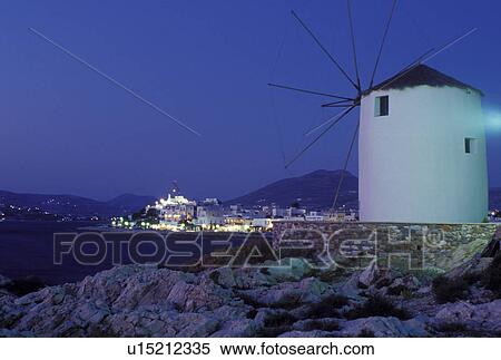 Stock Photography -  Paros, Greek Islands, Parikia, Cyclades, Greece, Europe, Windmill along the waterfront in the harbor of Parikia on Paros Island on the Aegean Sea.. Fotosearch