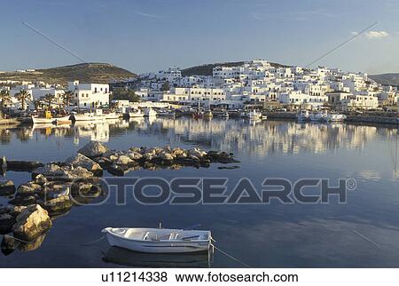 Stock Photo -  Paros, Naoussa, Greece, Greek Islands, Cyclades, Europe, Fishing boats docked in Naoussa Harbor on Paros Island on the Aegean Sea.. Fotosearch