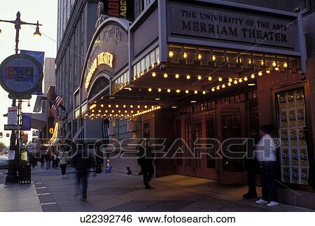 Stock Photograph -  Philadelphia, PA, Pennsylvania, The University of the Arts Merriam Theater in downtown Philadelphia in the evening.. Fotosearch