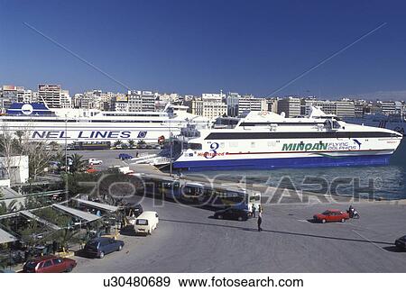 Piraeus, Athens, Greece, Europe, Ferries docked at the Kentriko Limani (main ferry port) on the Great Harbour in Piraeus, one of the biggest Mediterranean Ports. View Large Photo Image Stock Photo - Piraeus, Athens, Greece, Europe, Ferries docked at the Kentriko Limani (main ferry port) on the Great Harbour in Piraeus, one of the biggest Mediterranean Ports.. Fotosearch