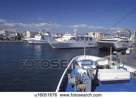Piraeus, Athens, Greece, Europe, Ferries docked at the Kentriko Limani (main ferry port) on the Great Harbour in Piraeus, one of the biggest Mediterranean Ports. View Large Photo Image Stock Photograph - Piraeus, Athens, Greece, Europe, Ferries docked at the Kentriko Limani (main ferry port) on the Great Harbour in Piraeus, one of the biggest Mediterranean Ports.. Fotosearch
