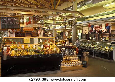 Stock Photo -  Portland, market, ME, Maine, Interior of Portland Public Market in downtown Portland.. Fotosearch