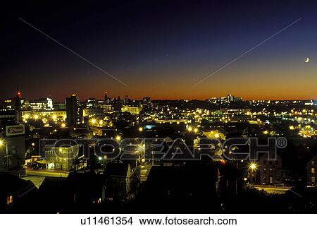 Portland, ME, Maine, Aerial view of the city of Portland at night. View Large Photo Image Picture - Portland, ME, Maine, Aerial view of the city of Portland at night.. Fotosearch