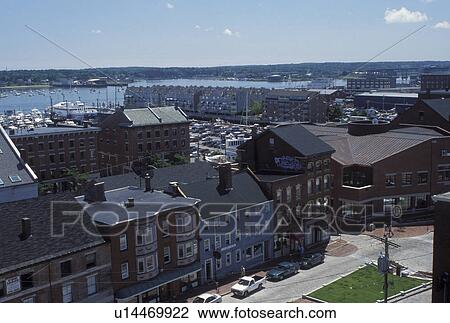 Portland, ME, Maine, Aerial view of the Old Port Exchange district along the waterfront and Portland Harbor on Casco Bay in Portland. View Large Photo Image Stock Image - Portland, ME, Maine, Aerial view of the Old Port Exchange district along the waterfront and Portland Harbor on Casco Bay in Portland.. Fotosearch