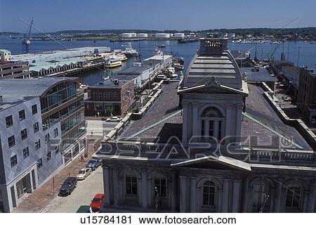 Stock Image -  Portland, ME, Maine, Aerial view of the Custom House in the Old Port Exchange district and Portland Harbor on Casco Bay in Portland.. Fotosearch