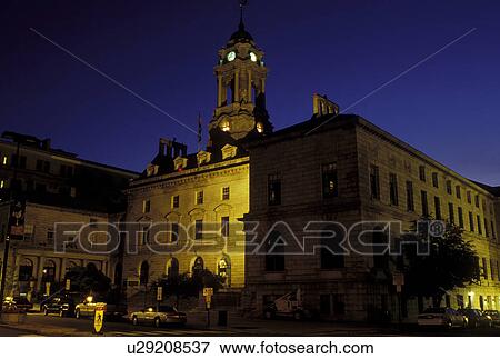 Stock Photo -  Portland, ME, Maine, City Hall in the evening in downtown Portland.. Fotosearch