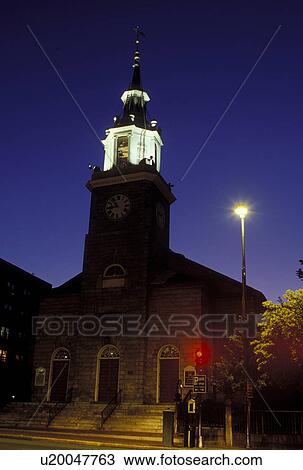 Stock Image -  Portland, ME, Maine, First Parish Unitarian Universalist Church in the evening in downtown Portland.. Fotosearch