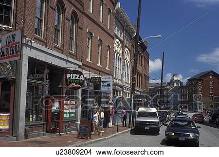 Portland, ME, Maine, Shops along Fore street in downtown Portland. View Large Photo Image Picture - Portland, ME, Maine, Shops along Fore street in downtown Portland.. Fotosearch