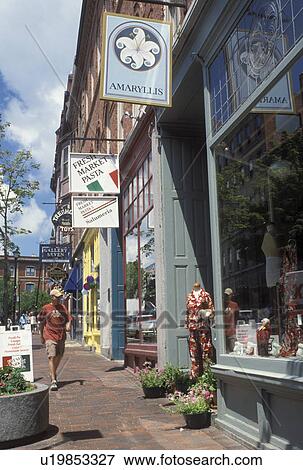 Stock Photo -  Portland, ME, Maine, Shops along the street in downtown Portland.. Fotosearch