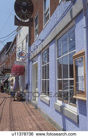 Stock Photograph -  Portsmouth, NH, New Hampshire, Shops along Bow Street in downtown Portsmouth in the autumn. . Fotosearch