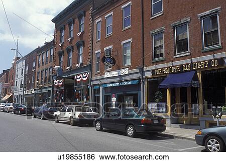 Stock Photograph -  Portsmouth, NH, New Hampshire, Shops along Market Street in downtown Portsmouth in the autumn. . Fotosearch