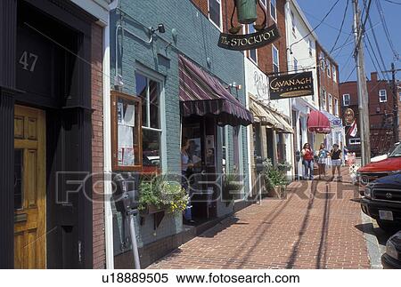 Portsmouth, NH, New Hampshire, Shops along Bow Street in downtown Portsmouth in the autumn. View Large Photo Image Stock Photography - Portsmouth, NH, New Hampshire, Shops along Bow Street in downtown Portsmouth in the autumn. . Fotosearch