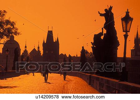 Prague, Charles Bridge, Czech Republic, Praha, Central Bohemia, Silhouettes of religious statues on Charles Bridge. View Large Photo Image Stock Photo - Prague, Charles Bridge, Czech Republic, Praha, Central Bohemia, Silhouettes of religious statues on Charles Bridge.. Fotosearch