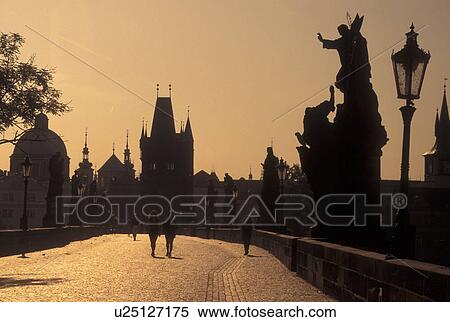 Prague, Charles Bridge, Czech Republic, Praha, Central Bohemia, Silhouettes of religious statues on Charles Bridge. View Large Photo Image Stock Photography - Prague, Charles Bridge, Czech Republic, Praha, Central Bohemia, Silhouettes of religious statues on Charles Bridge.. Fotosearch