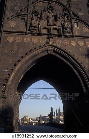 Stock Image -  Prague, Czech Republic, Praha, Central Bohemia, Charles Bridge Gater. Fotosearch