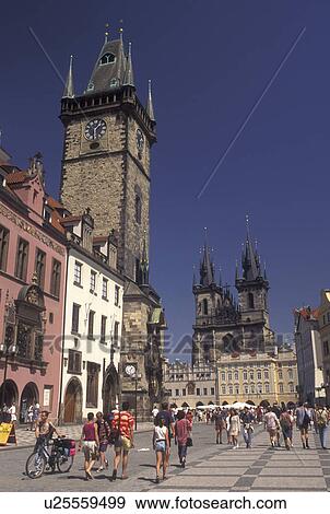 Stock Photo -  Prague, Czech Republic, Praha, Central Bohemia, Tyn Church and Old Town Hall in Old Town Square in the city of Prague.. Fotosearch