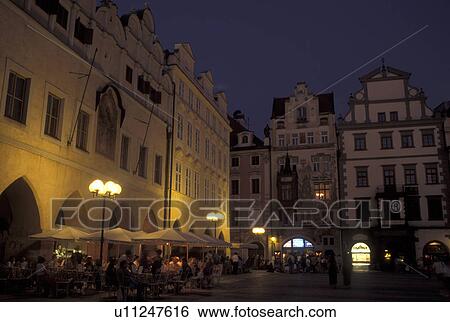 Stock Photograph -  Prague, Czech Republic, Praha, Central Bohemia, Outdoor cafT in Old Town Square in the city of Prague in the evening.. Fotosearch