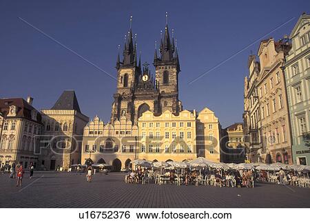 Prague, Czech Republic, Praha, Central Bohemia, Outdoor cafT and Tyn Church in Old Town Square in the city of Prague. View Large Photo Image Stock Photograph - Prague, Czech Republic, Praha, Central Bohemia, Outdoor cafT and Tyn Church in Old Town Square in the city of Prague.. Fotosearch