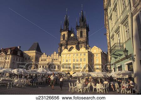 Prague, Czech Republic, Praha, Central Bohemia, Outdoor cafT and Tyn Church in Old Town Square in the city of Prague. View Large Photo Image Stock Photograph - Prague, Czech Republic, Praha, Central Bohemia, Outdoor cafT and Tyn Church in Old Town Square in the city of Prague.. Fotosearch