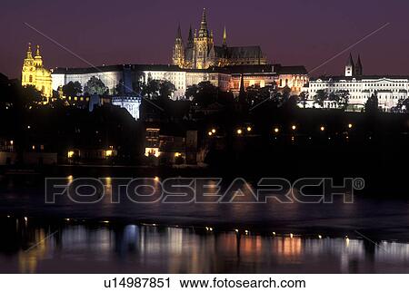 Prague, Vltava River, Czech Republic, Praha, Central Bohemia, Prague Castle reflects in the calm waters of the Vltava River at night. View Large Photo Image Stock Image - Prague, Vltava River, Czech Republic, Praha, Central Bohemia, Prague Castle reflects in the calm waters of the Vltava River at night.. Fotosearch