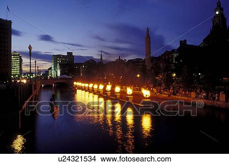 Picture -  Providence, RI, Rhode Island, Waterfire Providence along Providence River in downtown Providence at night.. Fotosearch