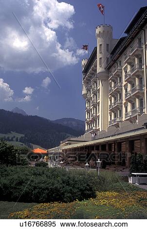 Stock Photography -  resort, Gstaad, Switzerland, Berne, Bern, The Palace Hotel Alpine Resort in Gstaad in the Bernese Oberland.. Fotosearch