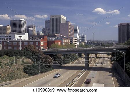 Stock Photo -  Richmond, skyline, VA, Virginia, Skyline of downtown Richmond along the Richmond Downtown Expressway.. Fotosearch