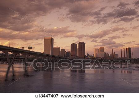 Richmond, skyline, VA, Virginia, Skyline of downtown Richmond at dusk. Manchester Bridge spans the James River. View Large Photo Image Stock Photo - Richmond, skyline, VA, Virginia, Skyline of downtown Richmond at dusk. Manchester Bridge spans the James River.. Fotosearch