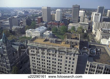 Stock Image -  Richmond, VA, State Capitol, Virginia, Aerial view of Old City Hall and The Virginia State Capitol Building in downtown Richmond.. Fotosearch