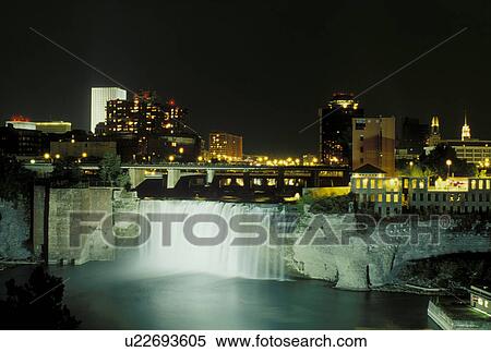 Rochester, NY, New York, Upper Falls of the Genesee River in downtown Rochester in the evening. View Large Photo Image Stock Photography - Rochester, NY, New York, Upper Falls of the Genesee River in downtown Rochester in the evening.. Fotosearch
