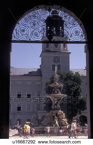 Stock Image -  Salzburg, Austria, Residenz Fountain in Residenz Platz in the city of Salzburg . Fotosearch