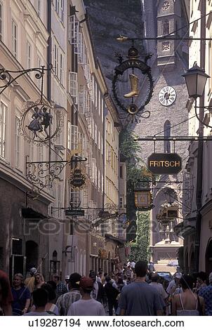 Salzburg, Austria, Wrought-iron shop signs in Getreidegasse in downtown Salzburg View Large Photo Image Picture - Salzburg, Austria, Wrought-iron shop signs in Getreidegasse in downtown Salzburg . Fotosearch