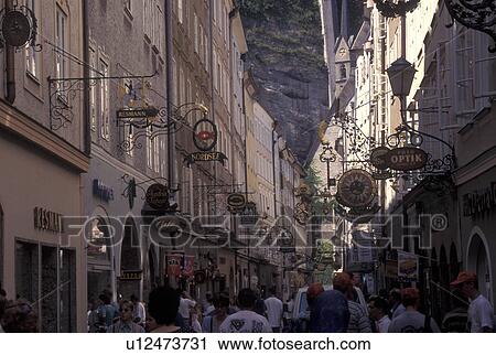 Salzburg, Austria, Wrought-iron shop signs in Getreidegasse in downtown Salzburg View Large Photo Image Stock Image - Salzburg, Austria, Wrought-iron shop signs in Getreidegasse in downtown Salzburg . Fotosearch