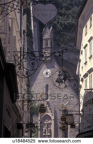 Salzburg, Austria, Wrought-iron shop signs in Getreidegasse in downtown Salzburg View Large Photo Image Stock Photography - Salzburg, Austria, Wrought-iron shop signs in Getreidegasse in downtown Salzburg . Fotosearch