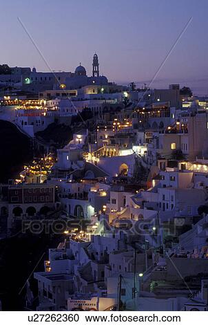 Santorini, Cyclades, Greece, Greek Islands, Fira, Europe, Village of Fira at night on the steep hillside of Santorini Island on the Aegean Sea. View Large Photo Image Stock Image - Santorini, Cyclades, Greece, Greek Islands, Fira, Europe, Village of Fira at night on the steep hillside of Santorini Island on the Aegean Sea.. Fotosearch