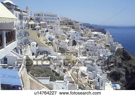 Santorini, Cyclades, Greece, Greek Islands, Fira, Europe, Terraces and resorts in the village of Fira on the steep hillside of Santorini Island overlooking the Aegean Sea. View Large Photo Image Stock Photo - Santorini, Cyclades, Greece, Greek Islands, Fira, Europe, Terraces and resorts in the village of Fira on the steep hillside of Santorini Island overlooking the Aegean Sea.. Fotosearch