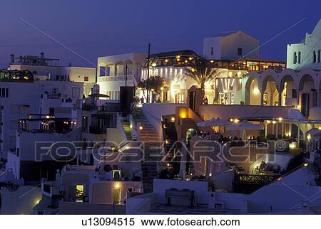Santorini, Cyclades, Greece, Greek Islands, Fira, Europe, Village of Fira at night on the steep hillside of Santorini Island on the Aegean Sea. View Large Photo Image Stock Photography - Santorini, Cyclades, Greece, Greek Islands, Fira, Europe, Village of Fira at night on the steep hillside of Santorini Island on the Aegean Sea.. Fotosearch